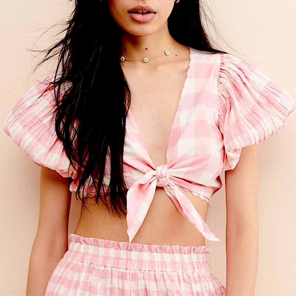 LoveShackFancy Shae Gingham Tie Front Top, NEW